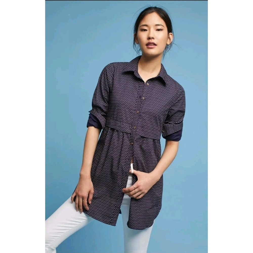 Maeve Anthropologie Aled‎ Blouse Navy Button Down Empire Waist Tunic Top Large